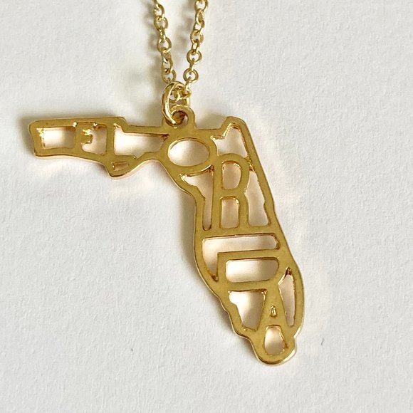 Florida State Map Flag Necklace Gold Plated 18-21" Sunshine Retirement Gift - Picture 2 of 8